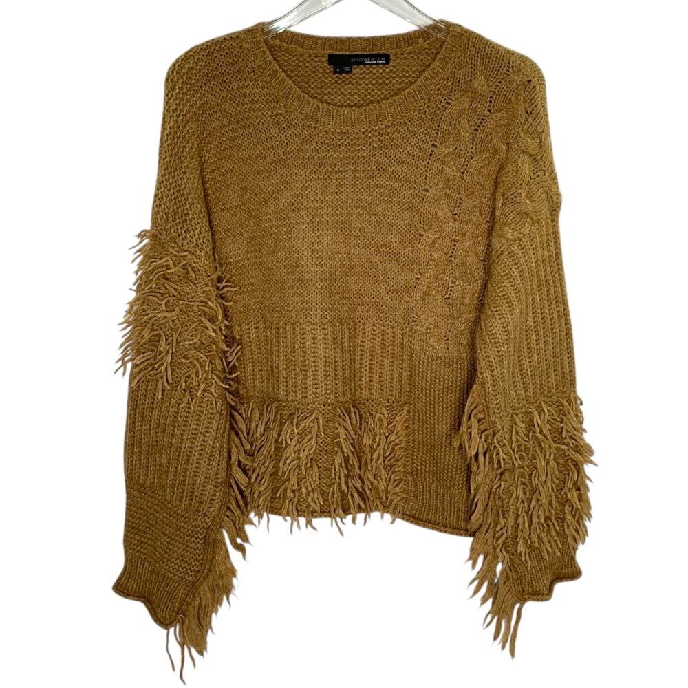 360Sweater S Womens Italian Yarn Alpaca Blend Fringe Sweater Brown Western